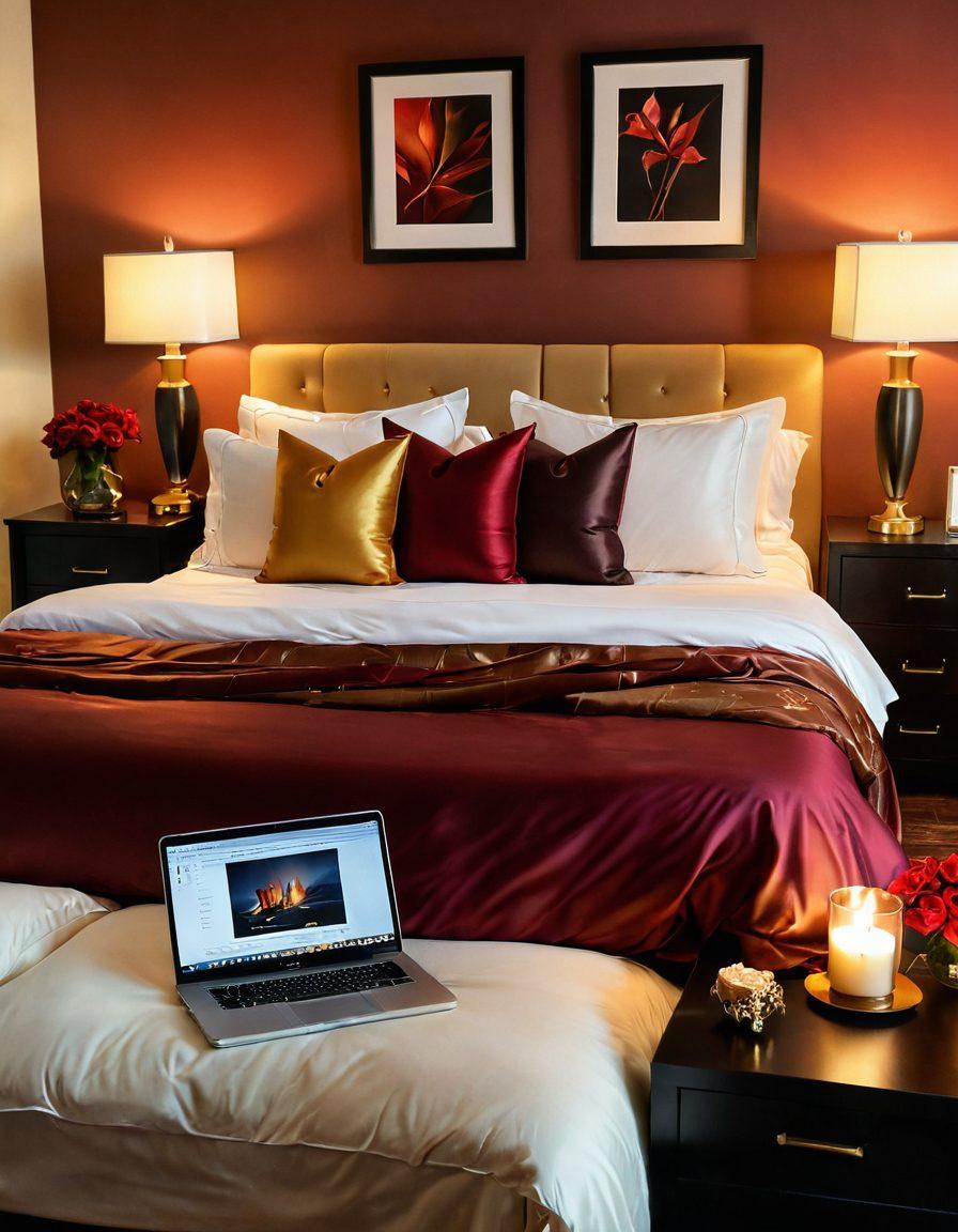 A serene and inviting bedroom scene, decorated with soft, warm lighting, showcasing an open laptop displaying adult media content. In the foreground, elegant materials like silk sheets and plush pillows create a luxurious feel. Subtle elements of sensuality, such as candles and artful sculptures, evoke a sense of intimacy and relaxation. The color palette includes deep reds and golds for a warm ambiance. super-realistic. vibrant colors. soft focus.