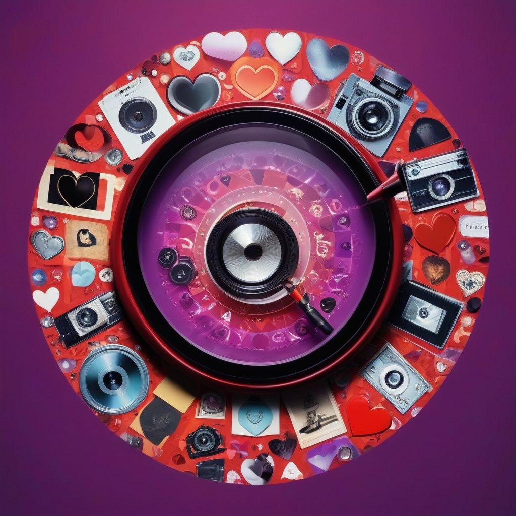 A visually intriguing collage featuring a variety of adult content icons and symbols, such as film reels, hearts, and abstract shapes intertwined with a magnifying glass to signify discovery. The background should have a gradient of deep purples and reds, creating an alluring atmosphere. Elements of technology can be subtly included to hint at sourcing quality content online. The composition should be both captivating and tasteful, ensuring an engaging visual representation of mature entertainment. vibrant colors. modern design.